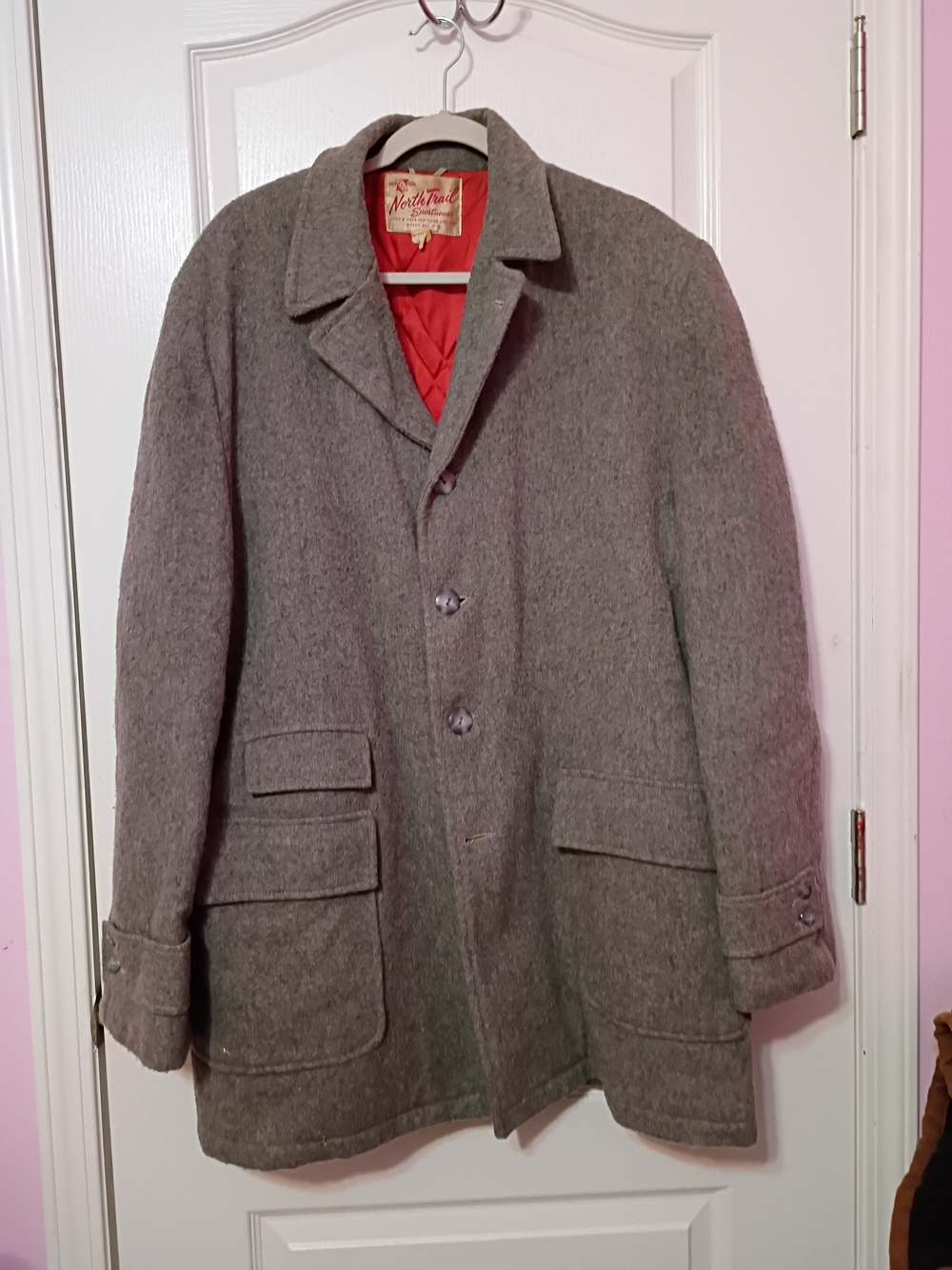 Wool Vintage Men’s Coat - Gray With Red Quilted Lining